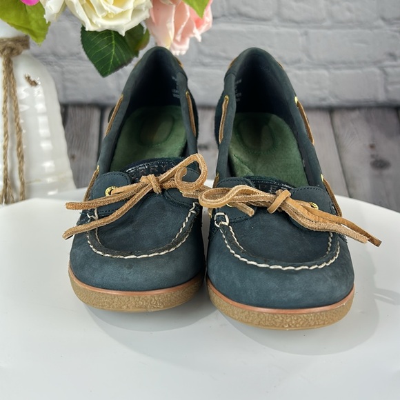 SPERRY GOLDFISH Navy & Green Slip On Leather Lace Wedges - Picture 6 of 17